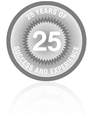 Grauer Kreis mit den Worten "25 YEARS OF SUCCESS AND EXPERIENCE" in weiß darin + weiterer gezackter Kreis im Inneren, darin die Zahl "25"