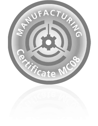 Grauer Kreis, darin die Worte "MANUFACTURING Certificate MC08" + Manufaktur-Symbol