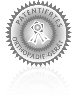 Grauer Kreis mit Zacken außen, darin die Worte "PATENTIERTES ORTHOPÄDIE-GERÄT + weiterer zackiger Kreis innen mit Gewinner-Schleife