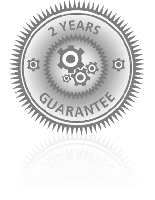 Grauer Kreis mit Zacken außen, darin die Worte "2 YEARS GUARANTEE" + weiterer zackiger Kreis darin mit Zahnrädern, die ineinander greifen