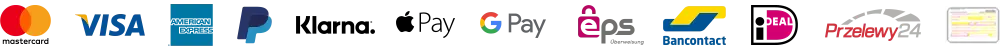 Mastercard, Visa, American Express, Paypal, Klarna, ApplePay, GooglePay, EPS, Bancontact, iDEAL, Przelewy24 & Vorkasse nebeneinander